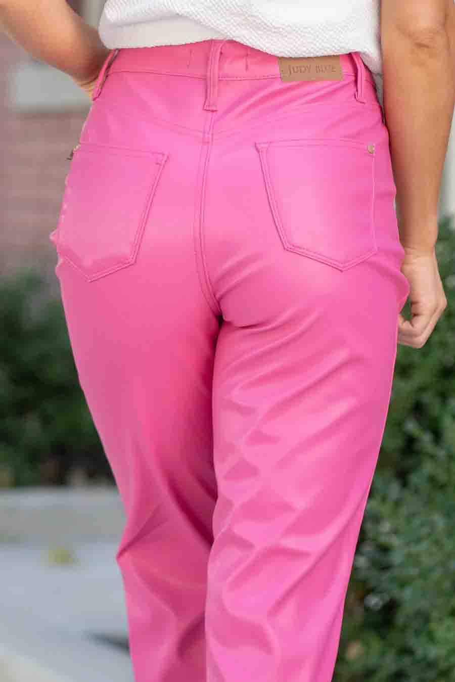 High Waisted Tummy Control Faux Leather Straight Leg Jeans in Hot Pink by Judy Blue