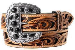 Angel Ranch Ladies Belt 1 1/2" Floral Filigree Glitter Underlay Black Belt by M&F Western