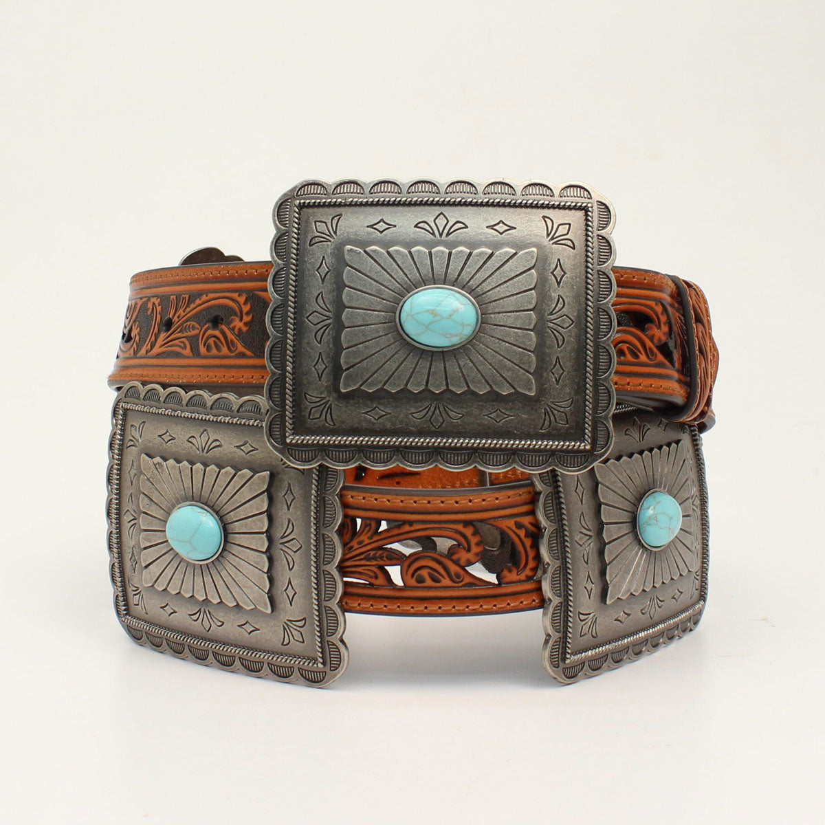 Women's Pierced Rectangle Silver Concho Belt in Brown by Ariat