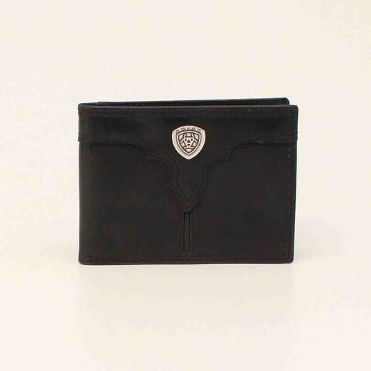 Ariat Men's Center Bump with Logo Shield Bifold Black Wallet