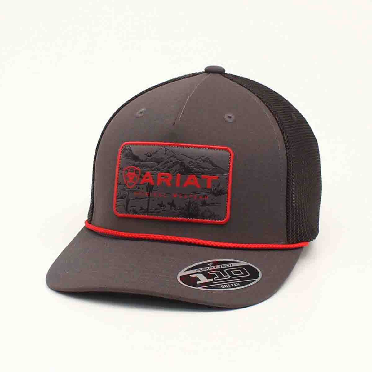Ariat Men's FlexFit 110 Rectangle Ariat Grey with Red Patch Snapback