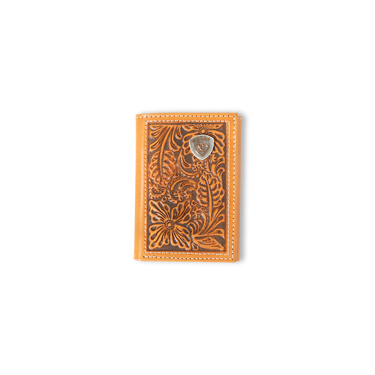Ariat Mens Trifold Style Wallet Floral Embossing Logo Natural