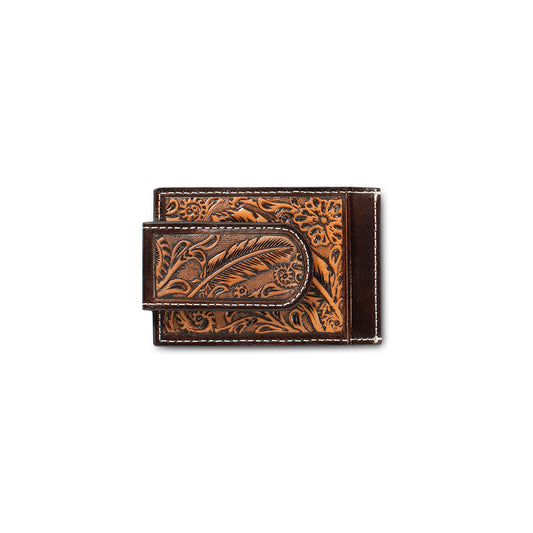 Front Pocket Feather Embossed Bifold Money Clip Wallet in Brown by Ariat
