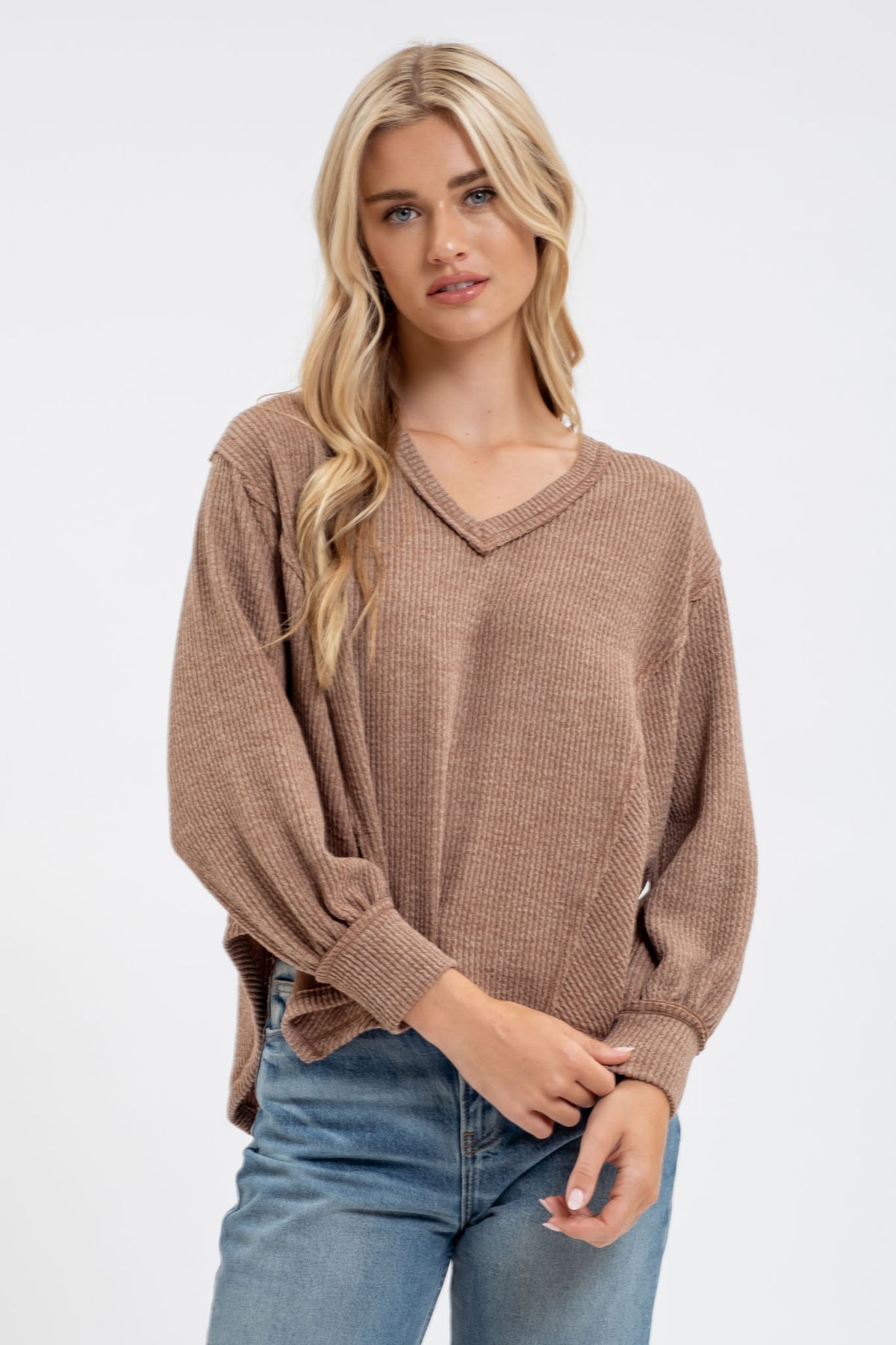 V Neck Asymmetrical Hem Long Sleeve Knit Top by Blu Pepper