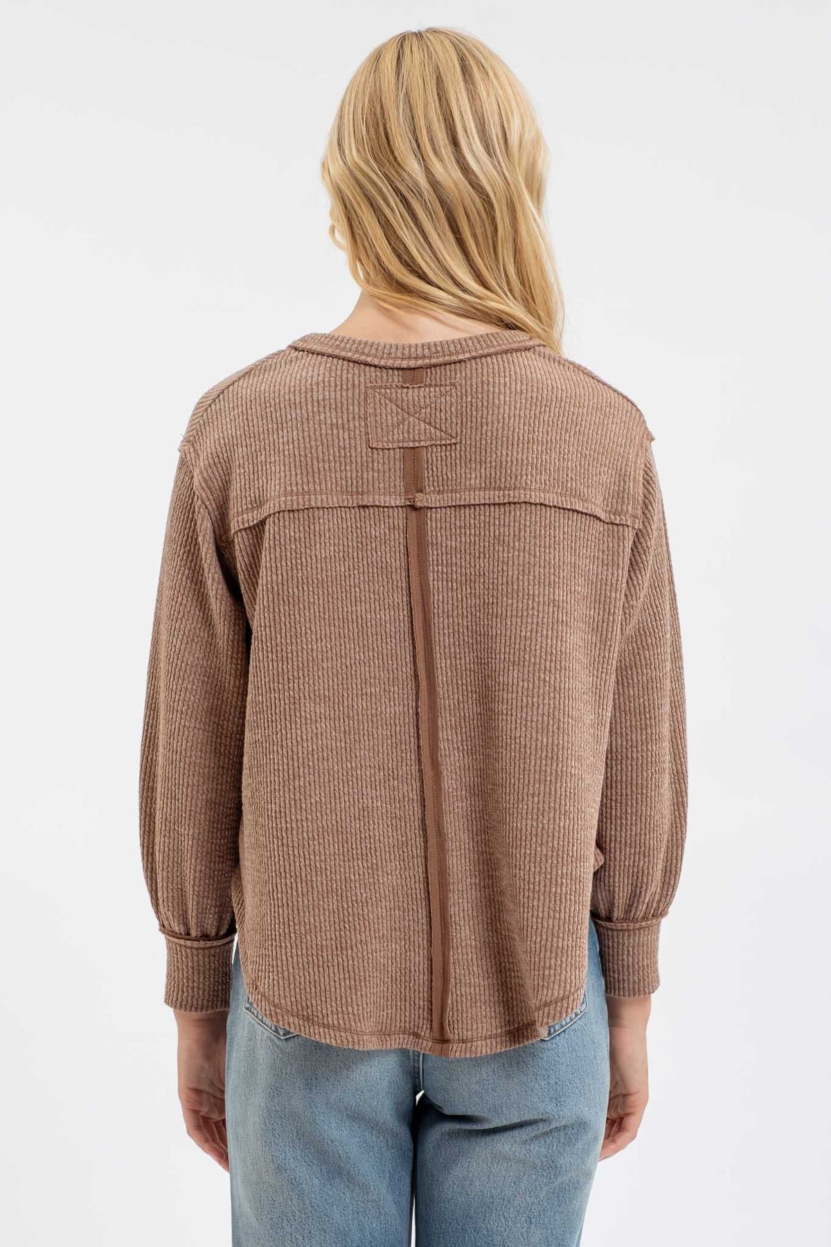 V Neck Asymmetrical Hem Long Sleeve Knit Top by Blu Pepper