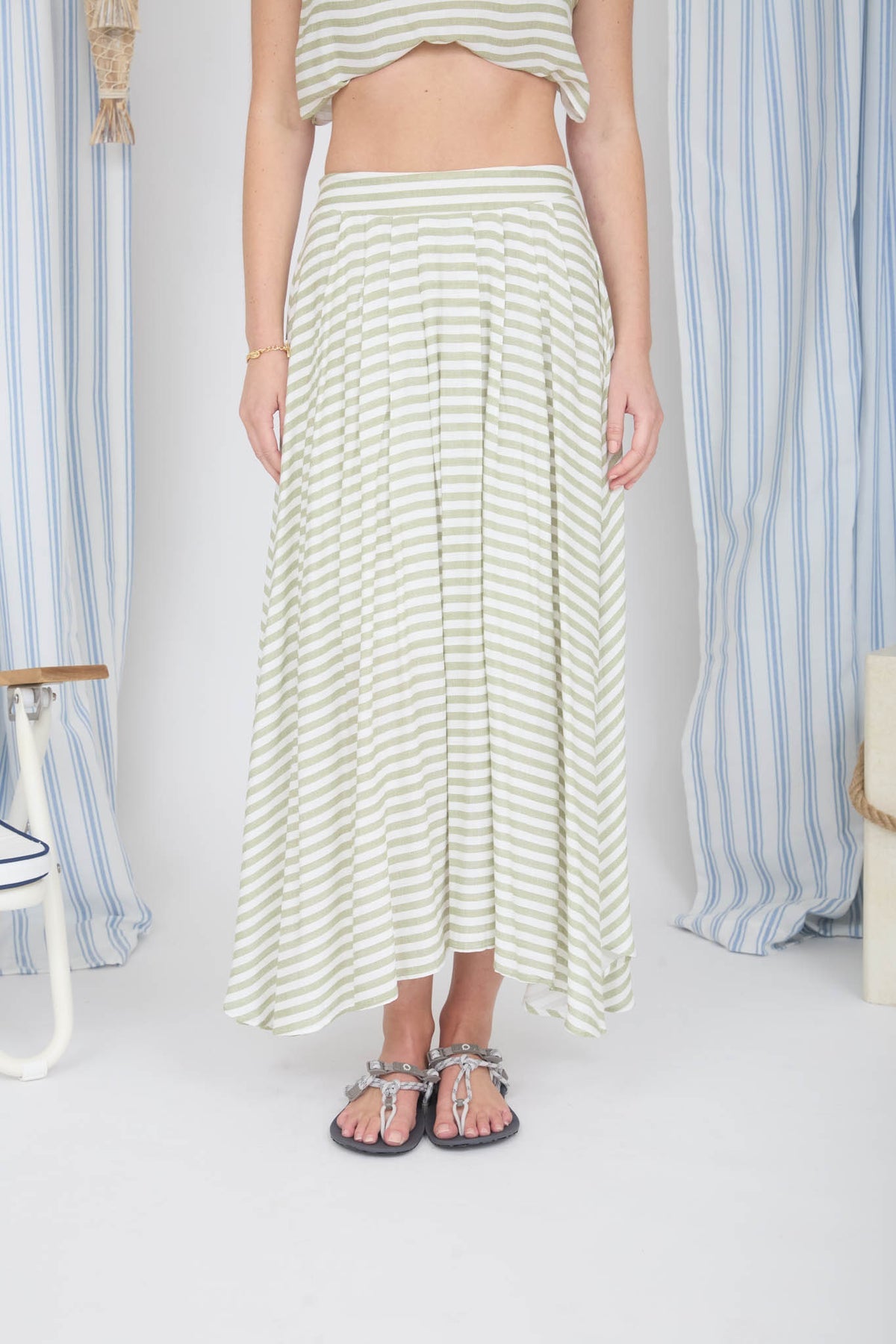 Stripe Boat Neck Boxy Crop Top with Midi Skirt Set in Light Olive by blu pepper