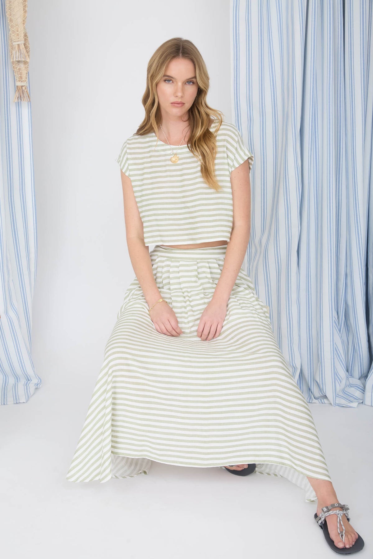 Stripe Boat Neck Boxy Crop Top with Midi Skirt Set in Light Olive by blu pepper