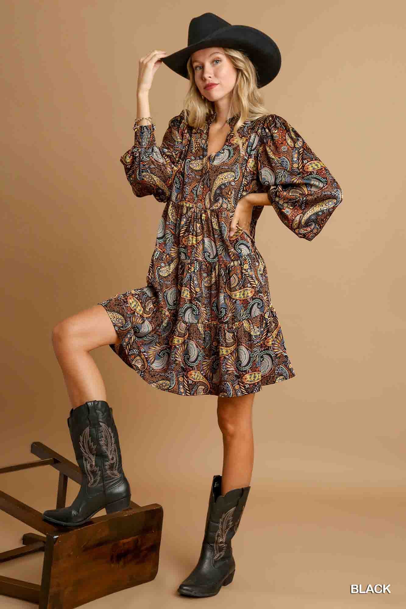 Satin Paisley Dress with 3/4 Puff Sleeve