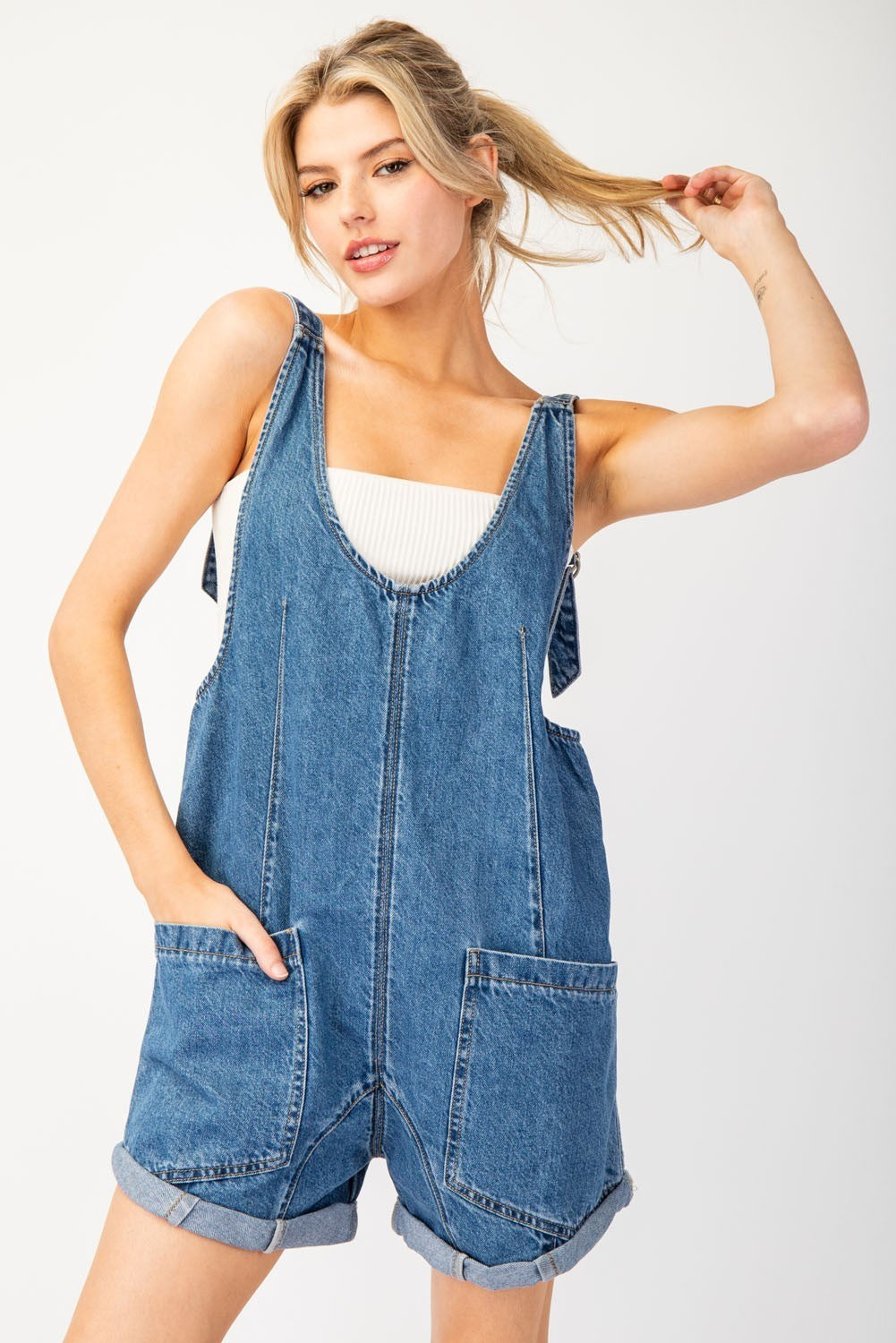 Mineral Washed Denim Sleeveless Romper by ee:some