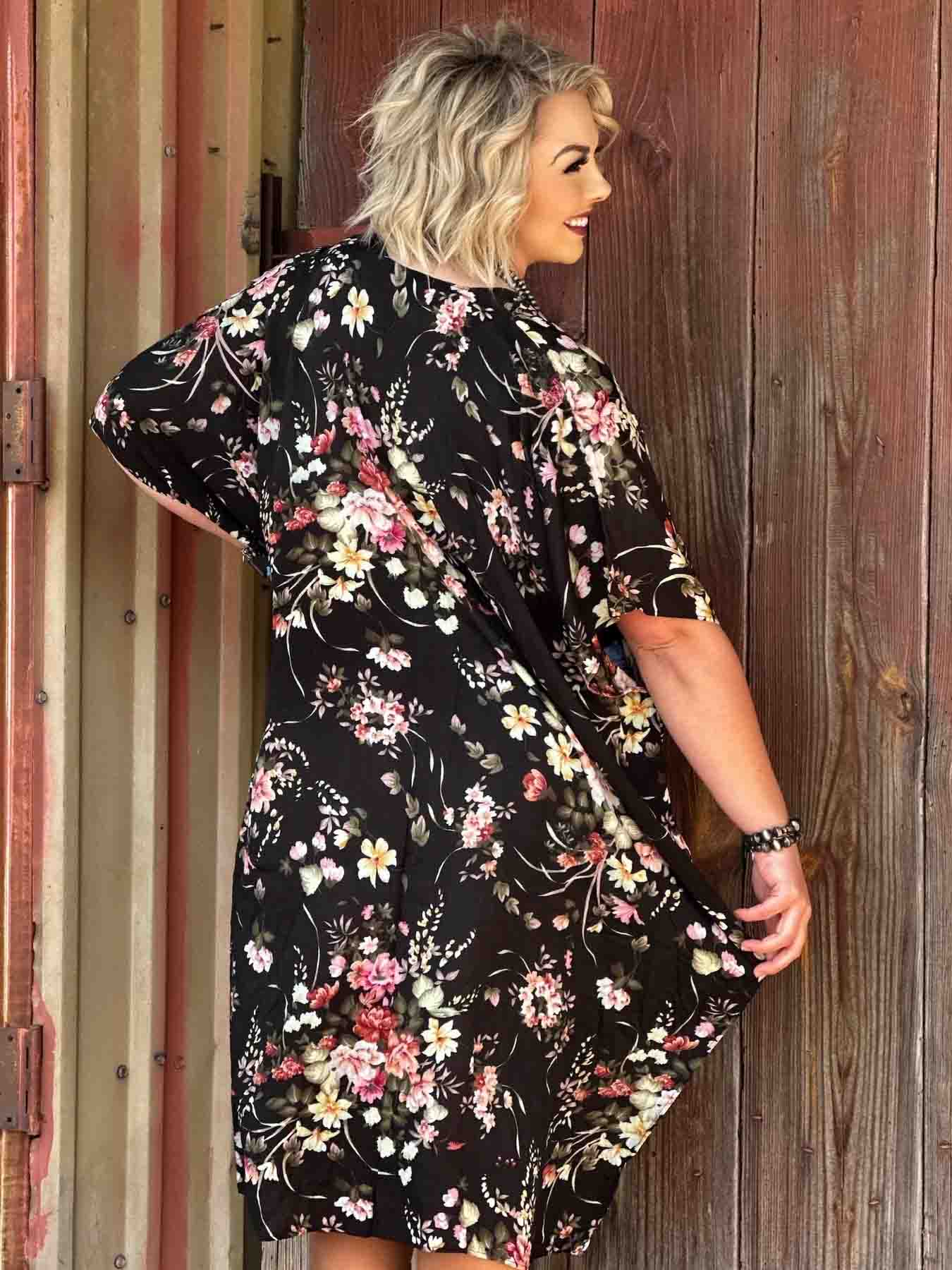 Ceci Black Floral Short-Sleeve Kimono