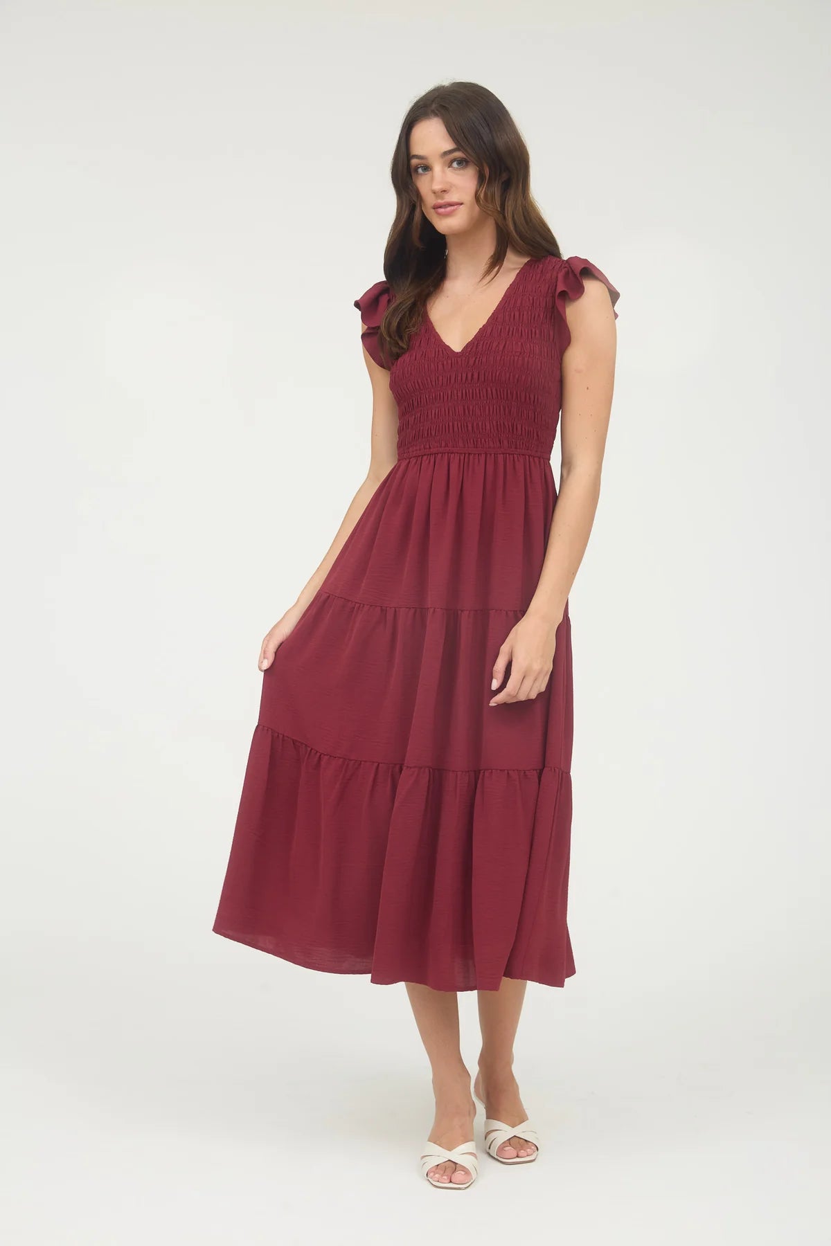 Flutter Sleeve V-Neck Smocked Midi Dress by Blu Pepper