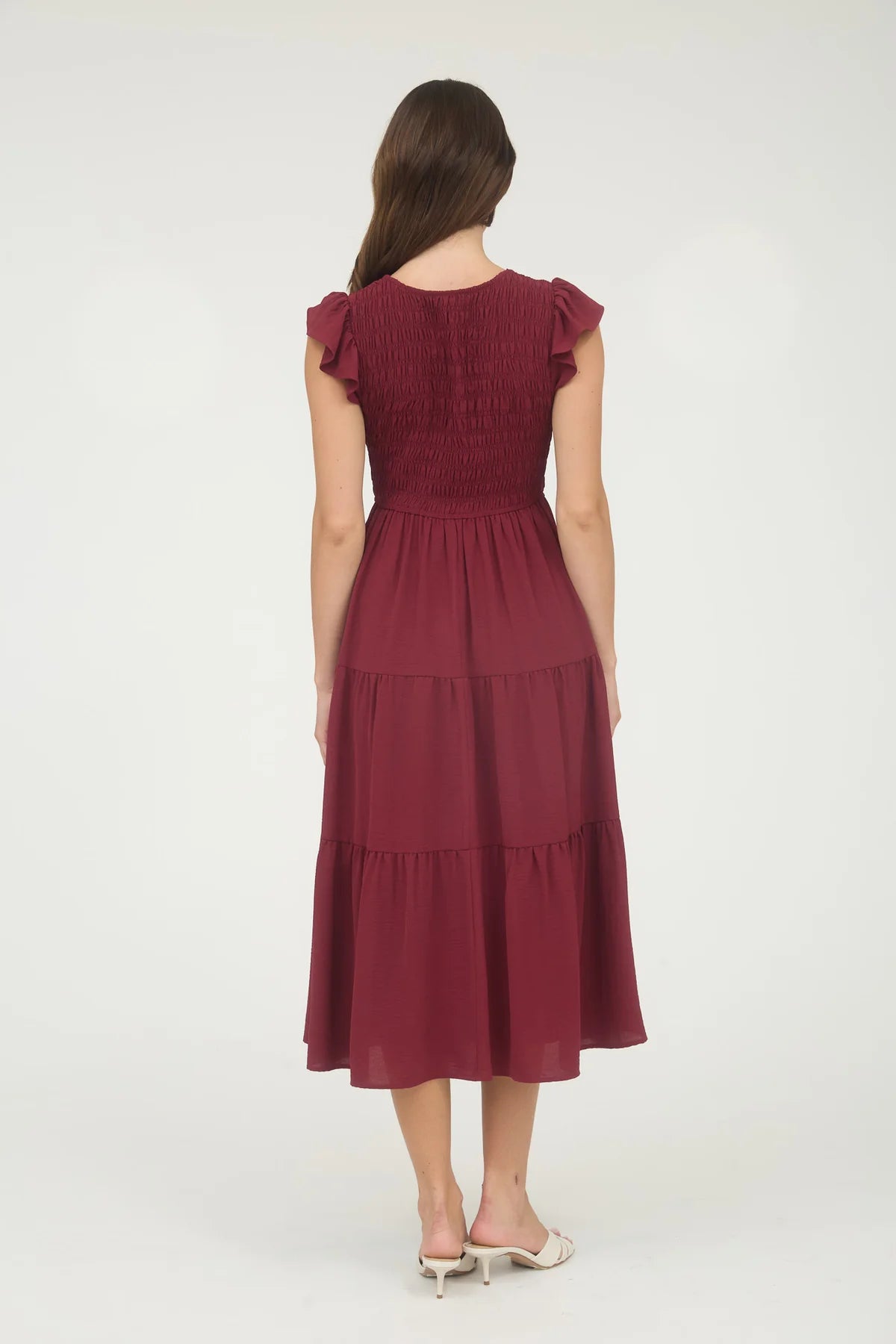 Flutter Sleeve V-Neck Smocked Midi Dress by Blu Pepper