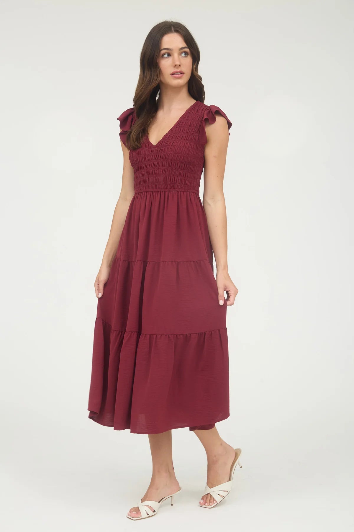 Flutter Sleeve V-Neck Smocked Midi Dress by Blu Pepper