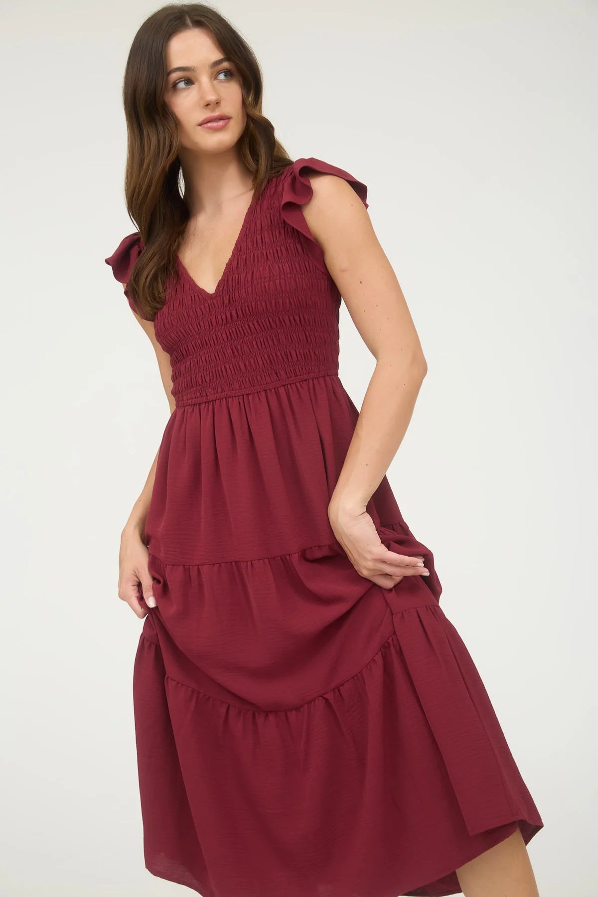 Flutter Sleeve V-Neck Smocked Midi Dress by Blu Pepper