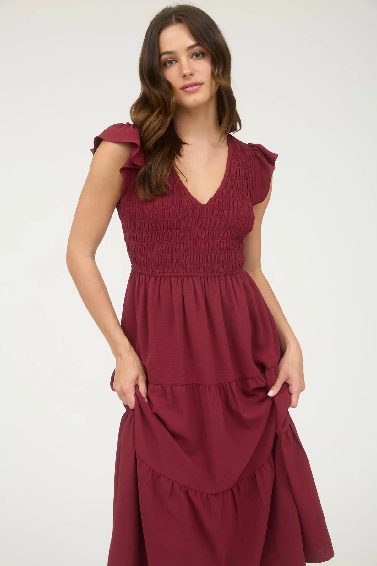 Flutter Sleeve V-Neck Smocked Midi Dress by Blu Pepper
