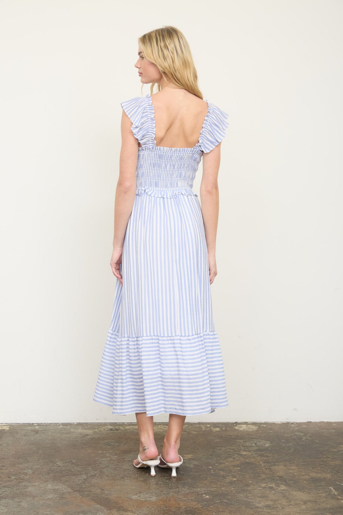 Striped Smocked Ruffle Trim Midi Dress in Blue by Blu Pepper