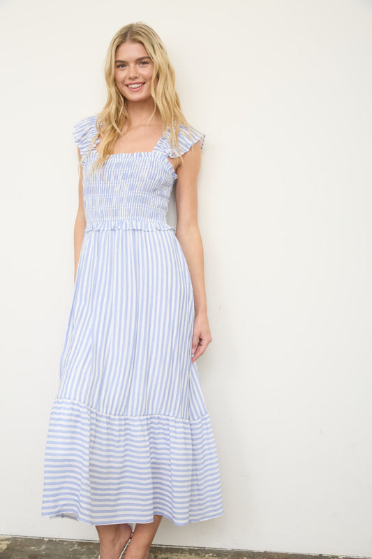 Striped Smocked Ruffle Trim Midi Dress in Blue by Blu Pepper