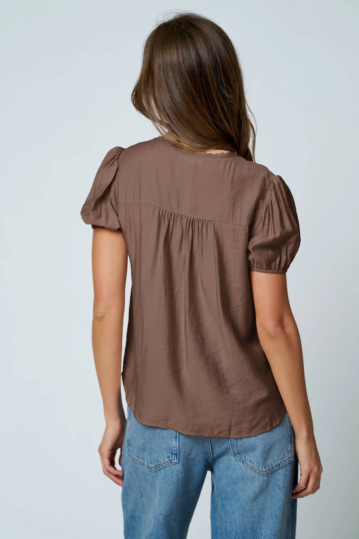 Embroidered Yoke Lace Trim Top in Brown by Blu Pepper