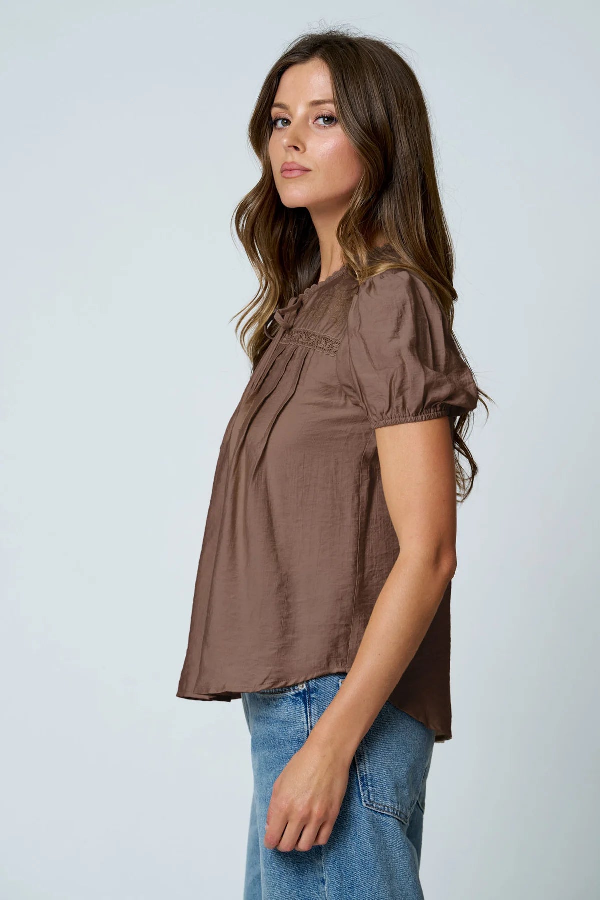 Embroidered Yoke Lace Trim Top in Brown by Blu Pepper