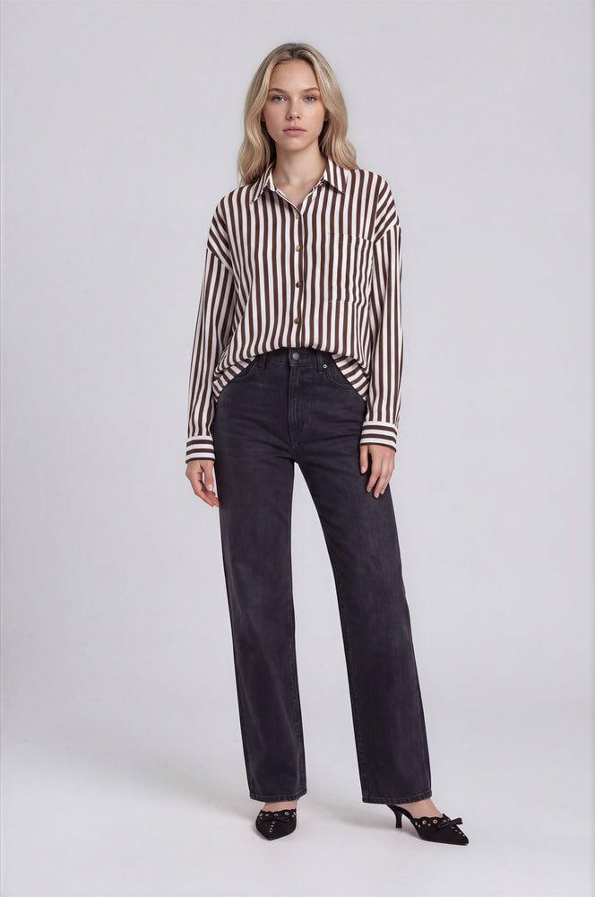 Vertical Stripe Collared Button Down Shirt by Blu Pepper