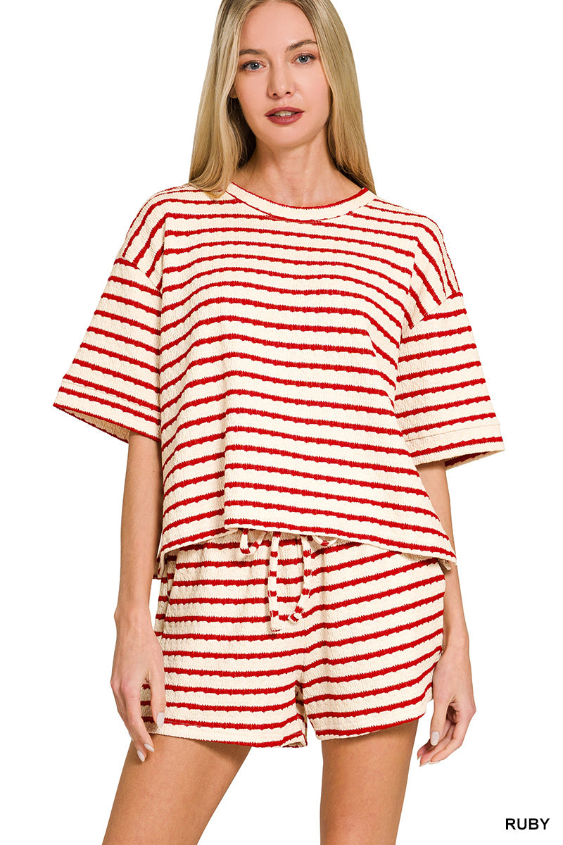 Striped Short Sleeve Tee and Shorts Set by Zenana