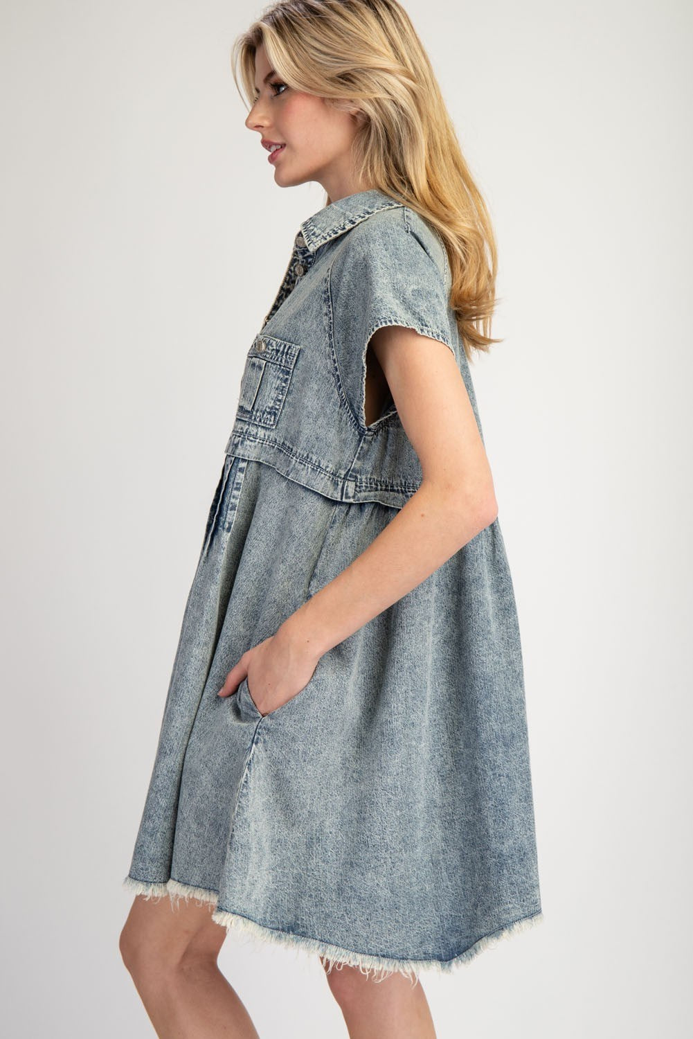 Mineral Washed Button Down Mini Dress by ee:some