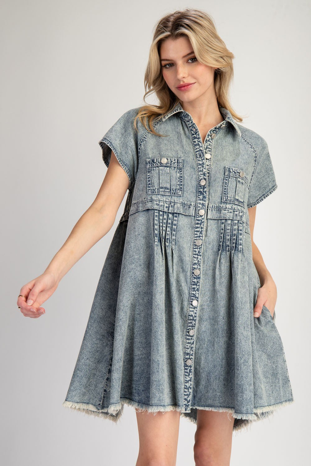 Mineral Washed Button Down Mini Dress by ee:some