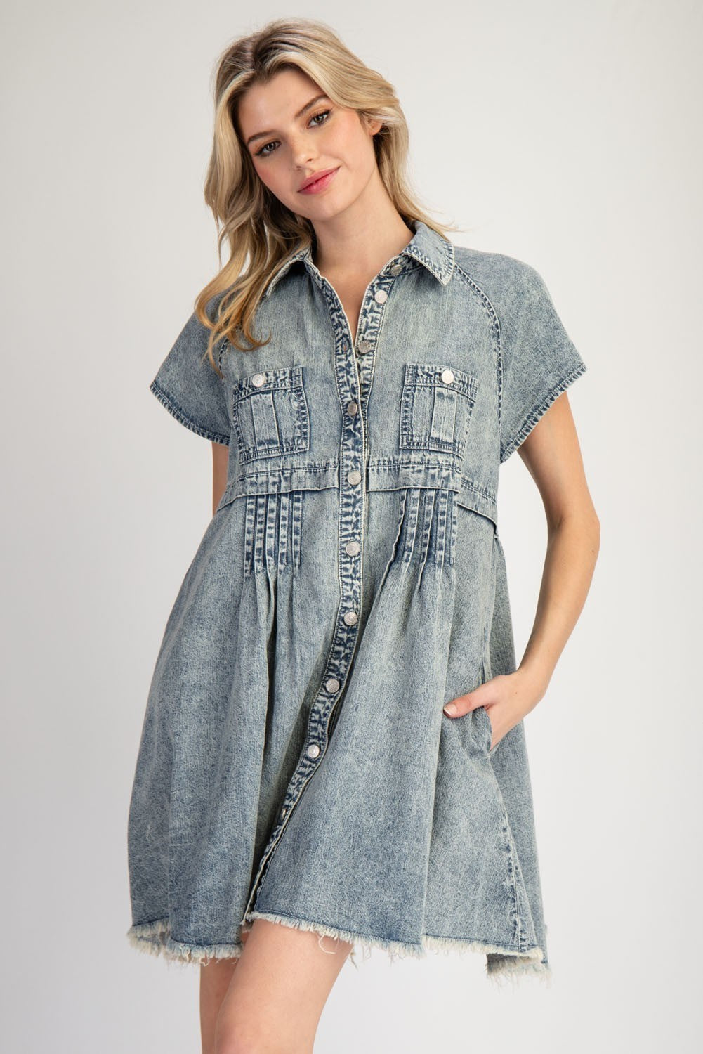 Mineral Washed Button Down Mini Dress by ee:some