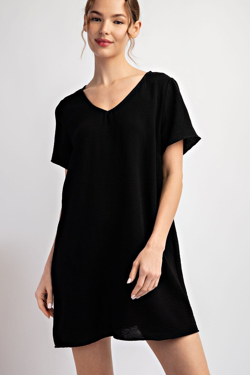 Solid Short Sleeve V Neck Mini Dress by ee:some