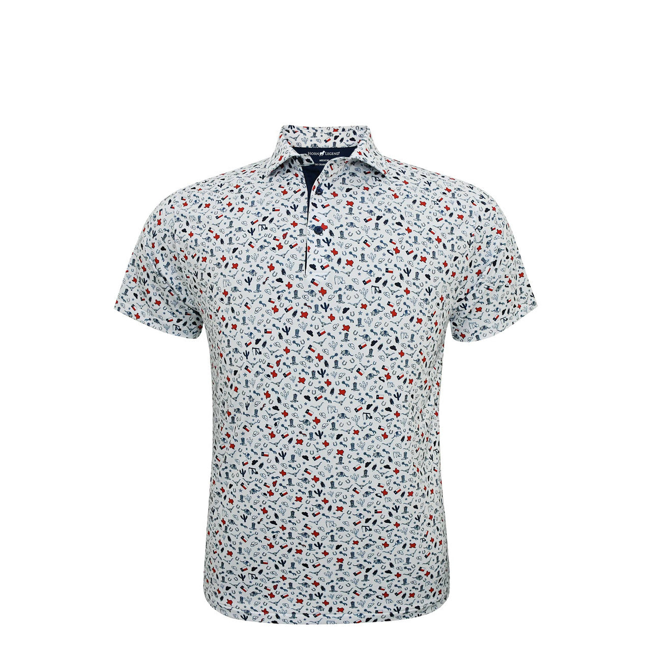 Texas Inspired Print Performance Polo in White with Navy by Horn Legend