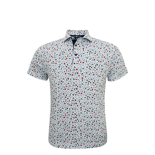 Texas Inspired Print Performance Polo in White with Navy by Horn Legend