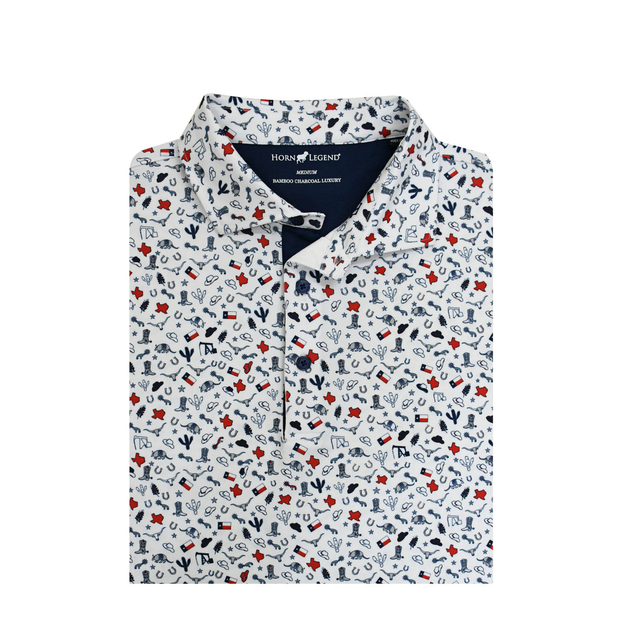 Texas Inspired Print Performance Polo in White with Navy by Horn Legend