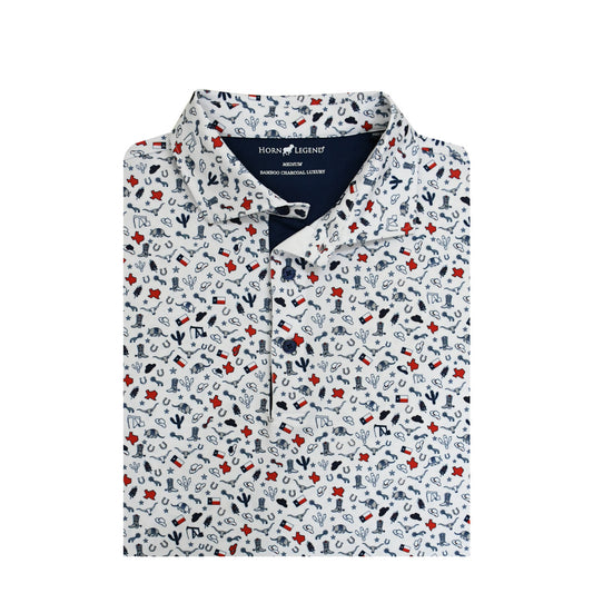 Texas Inspired Print Performance Polo in White with Navy by Horn Legend