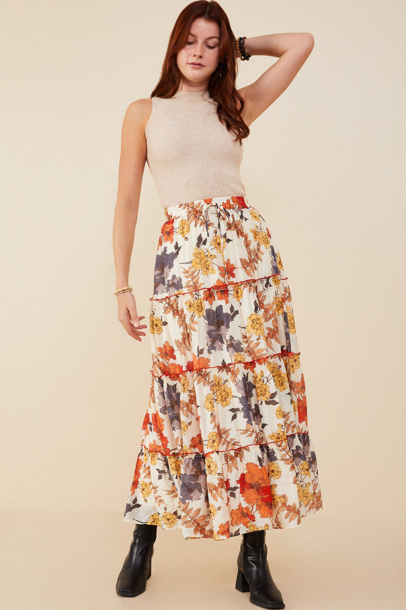 Textured Floral Contrast Merrowed Tiered Skirt by Hayden