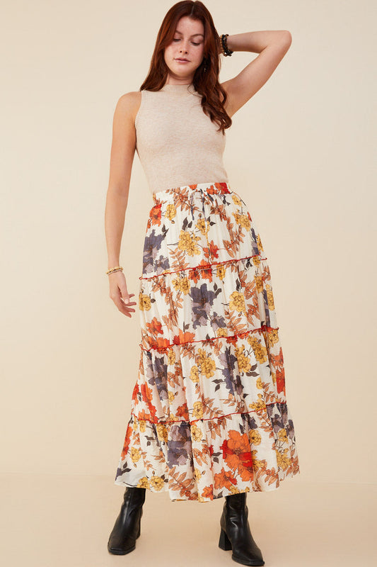 Textured Floral Contrast Merrowed Tiered Skirt by Hayden