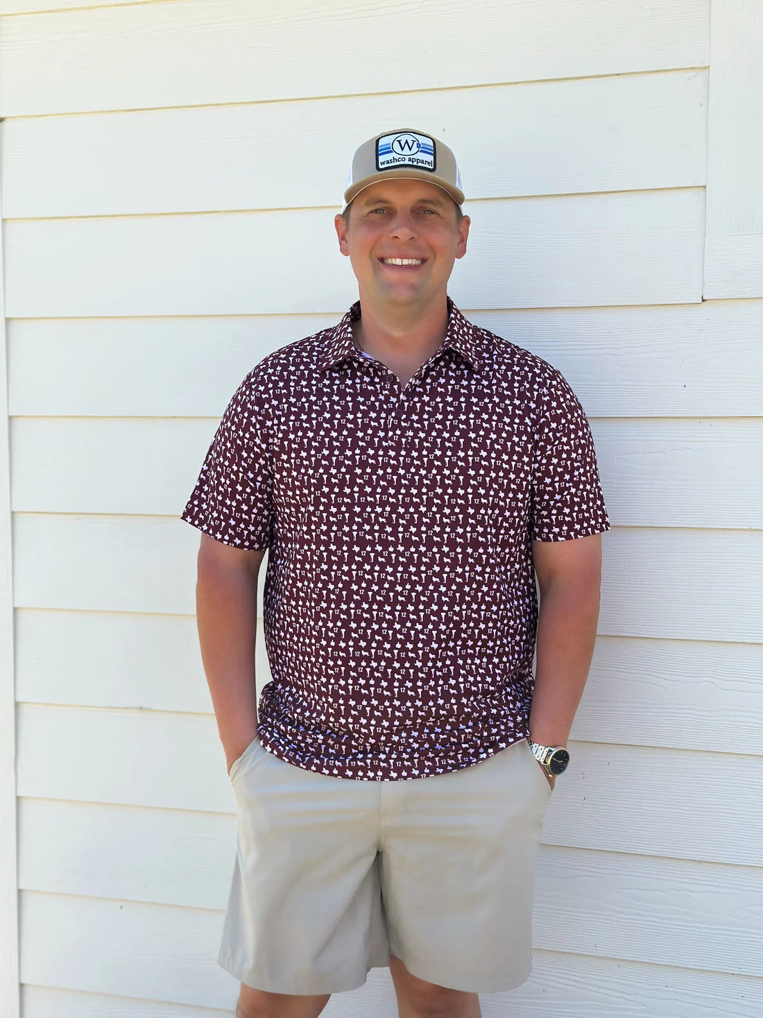 Gig Em Men's Performance Polo in Maroon by Washco Apparel