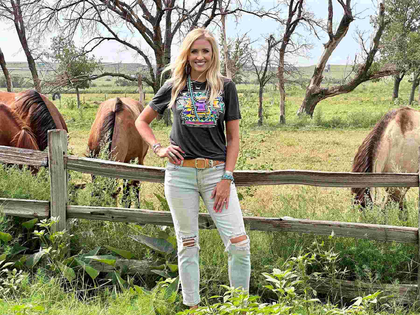 Neon Aztec Tee on Dark Grey by Texas True Threads