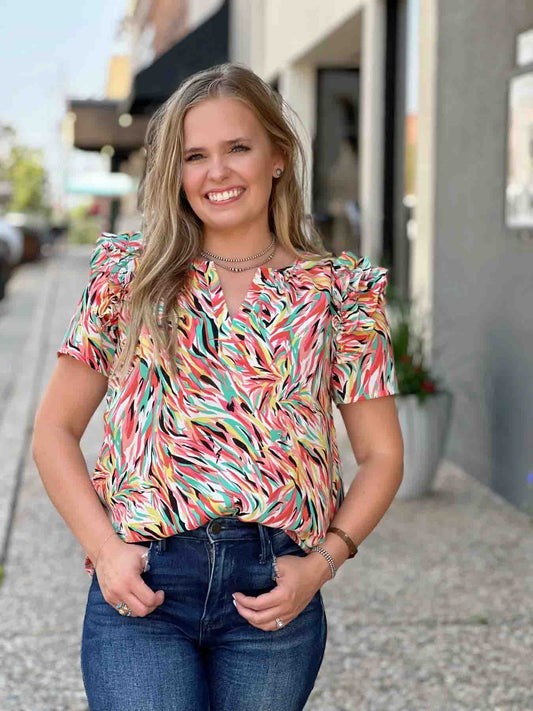 Tonya V-Neck Printed Top by Washco Apparel