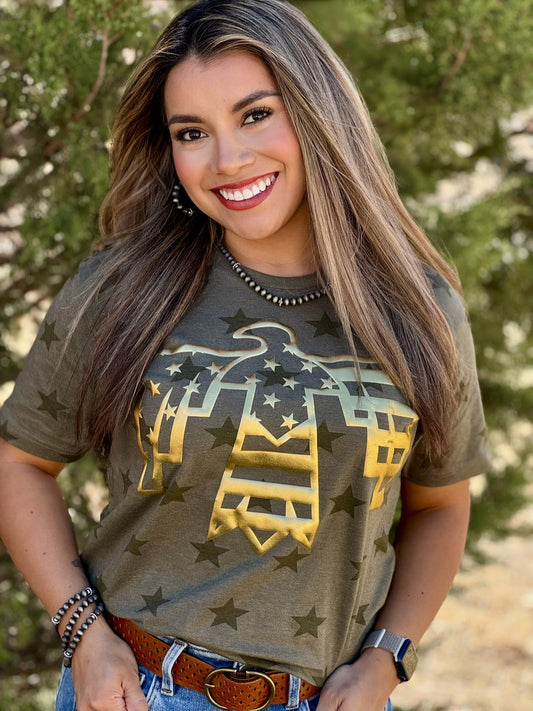 Patriotic Thunderbird Tee with Metallic Gold Puff