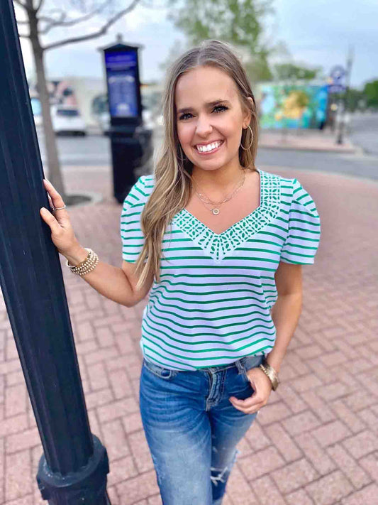 Kristen Green and White Striped Top