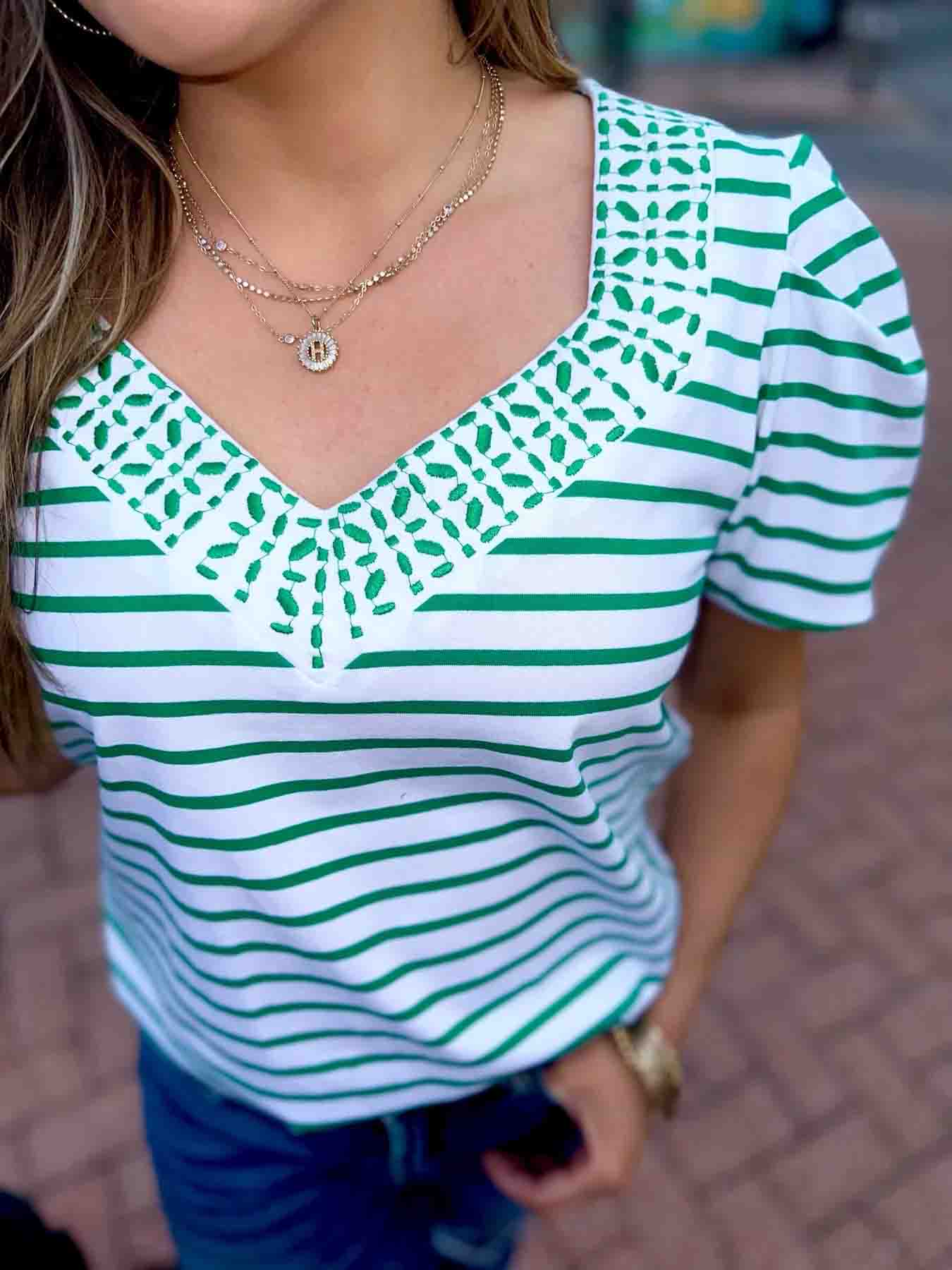 Kristen Green and White Striped Top