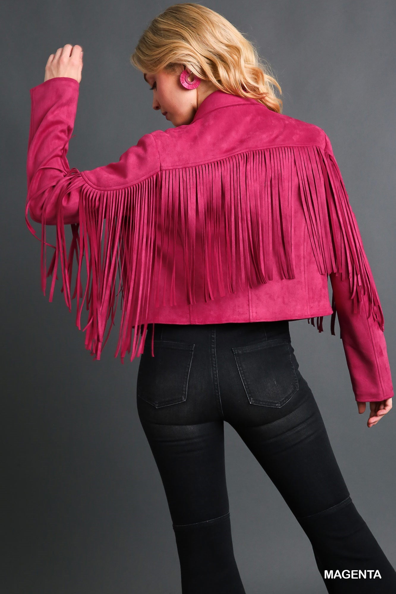 Faux Suede Open Front Jacket with Fringe by Umgee