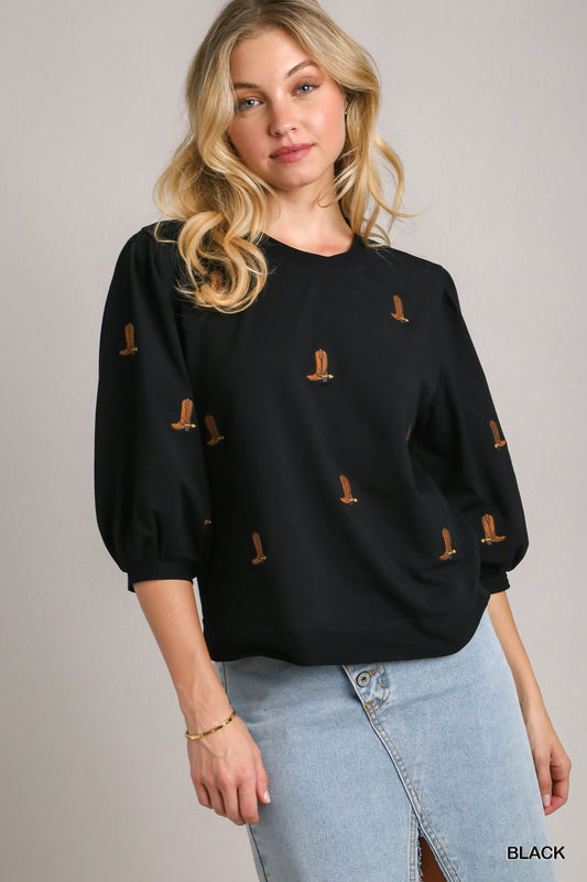 Crewneck 3/4 Sleeve Top with Embroidery