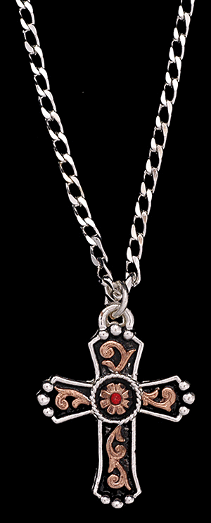 Men's Silver/Gold Cross with Red Stone Necklace