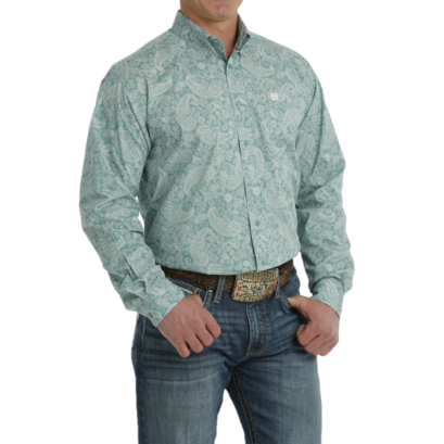 Men's Blue Paisley Printed Long-Sleeve Button Down Shirt in Turquoise by Cinch