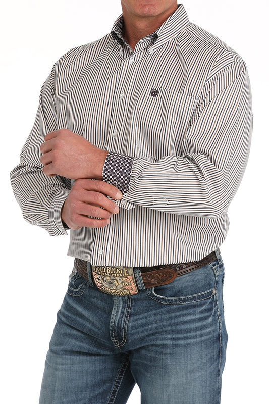 Mens Long Sleeve Light/Dark Brown Pin Stripe Button Up Shirt by Cinch