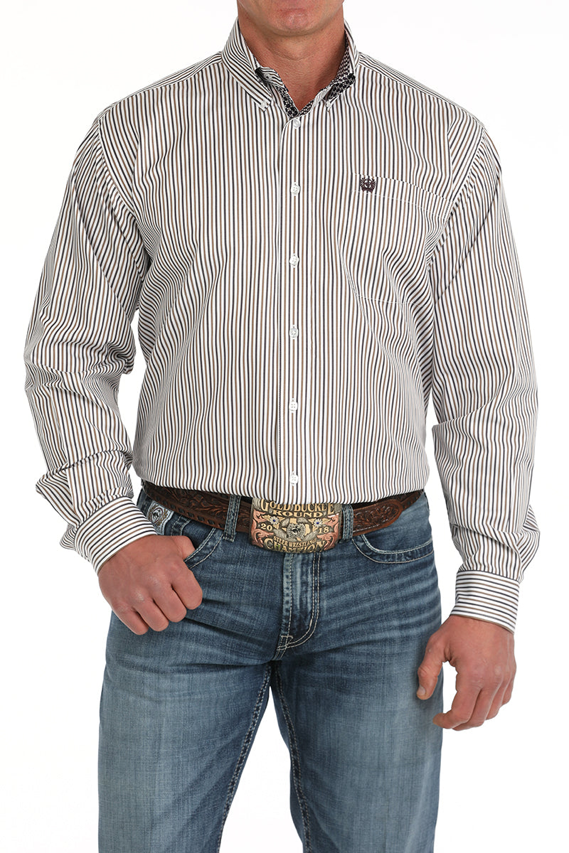 Mens Long Sleeve Light/Dark Brown Pin Stripe Button Up Shirt by Cinch