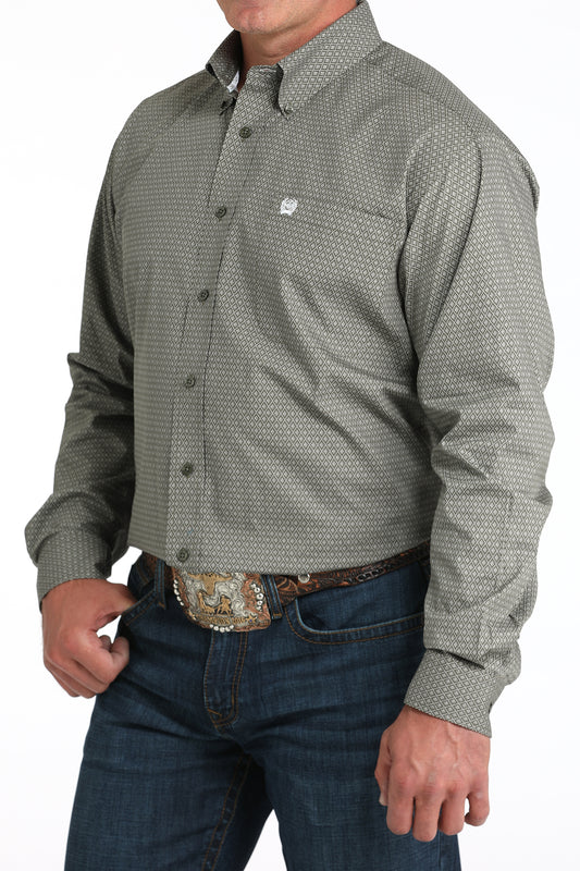 Mens Olive Geo Print Long Sleeve Button Down Shirt by Cinch