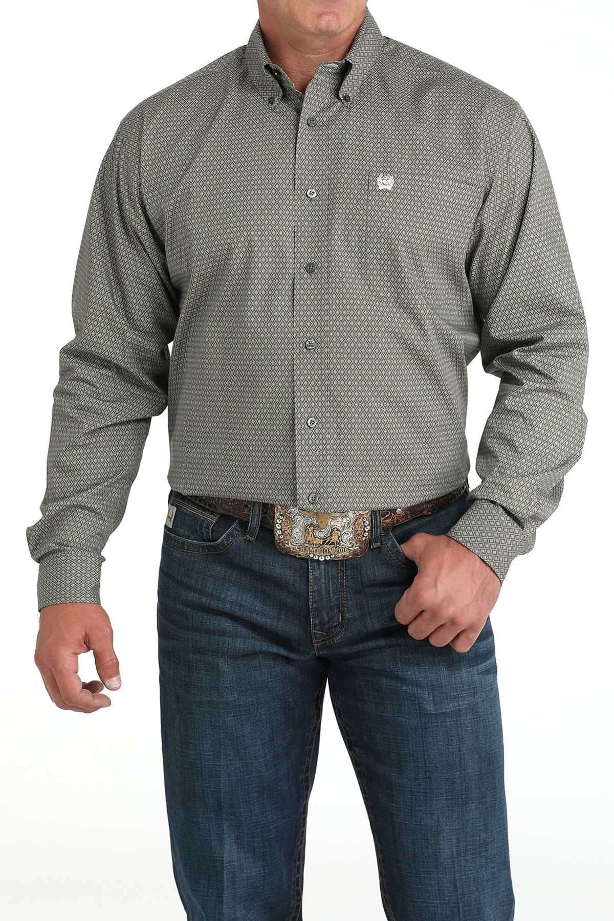 Mens Olive Geo Print Long Sleeve Button Down Shirt by Cinch