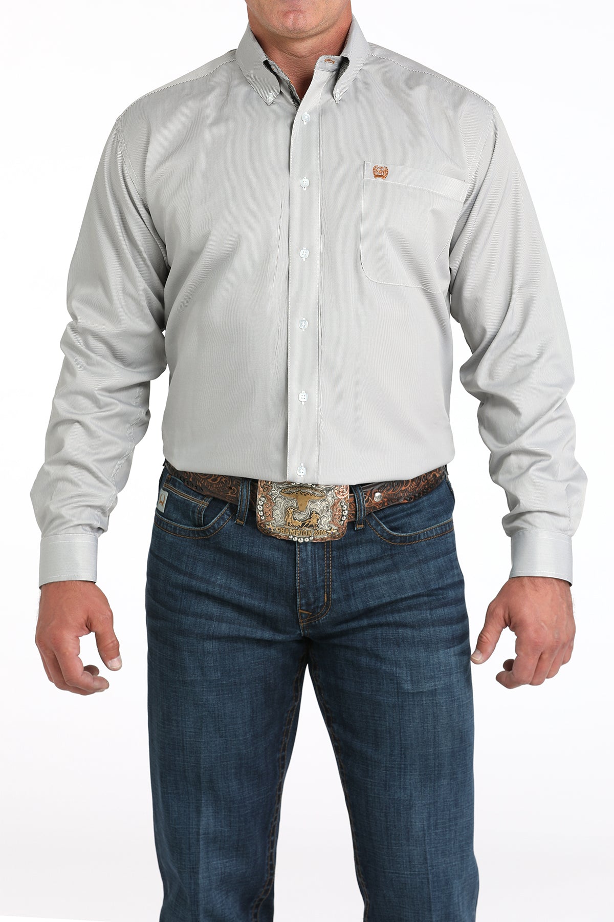 Mens Olive Striped Long Sleeve Button Down by Cinch